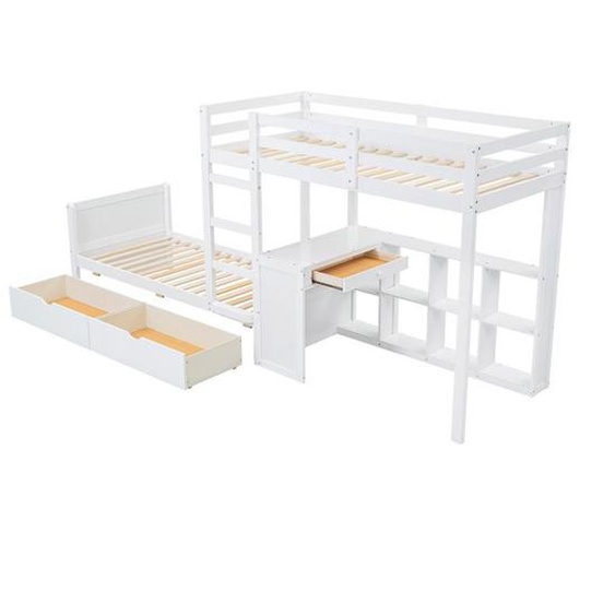 DRIPEX Lit superposé 90×200cm avec tiroirs et bureau,Lit enfant/étudiant avec échelle et Étagère ouverte,clôture de sécurité,Blanc