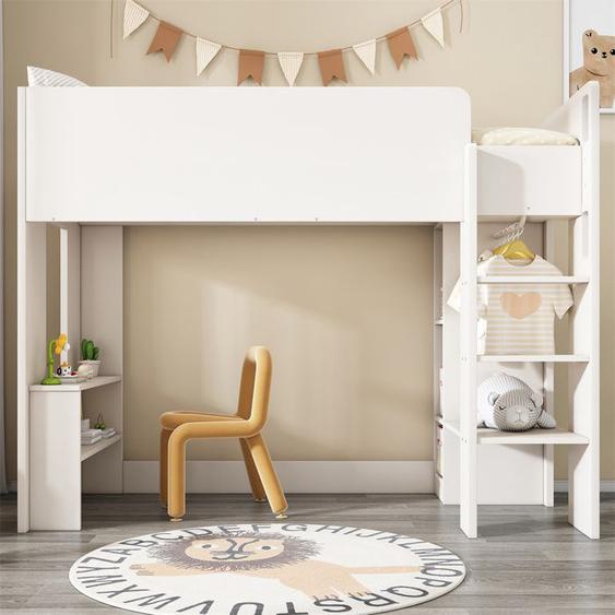 DRIPEX Lit Surélevé 90x200cm,Lit polyvalent 3 en 1 avec compartiments de rangement,armoire,étagères ouvertes et escalier,Blanc