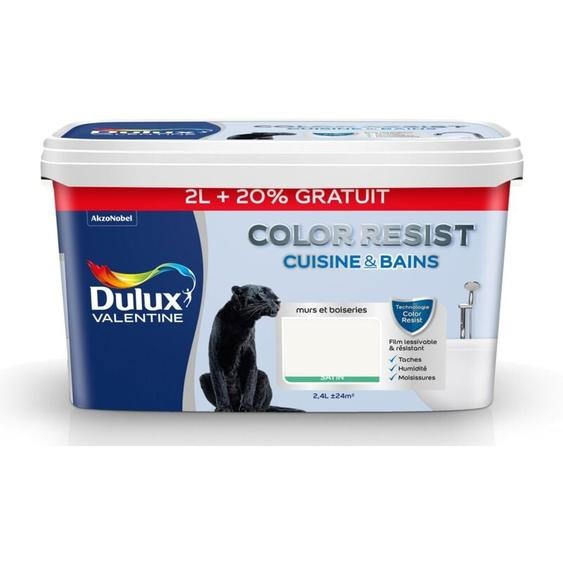 Dulux Valentine - Peinture Color Resist Cuisine & Bains Satin Blanc 2 l + 20 % Gratuit