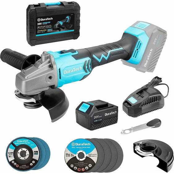 Duratech - Meuleuse dangle sans Fil 20V (Brushless) avec Batterie 4,0Ah, Ø125mm, Disqueuse sans Fil sans Balai de Charbon avec 5 Disques à