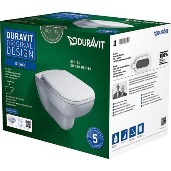 Duravit Pack WC suspendu D-Code 457009 - cuvette Rimeless + abattant frein de chute - Blanc