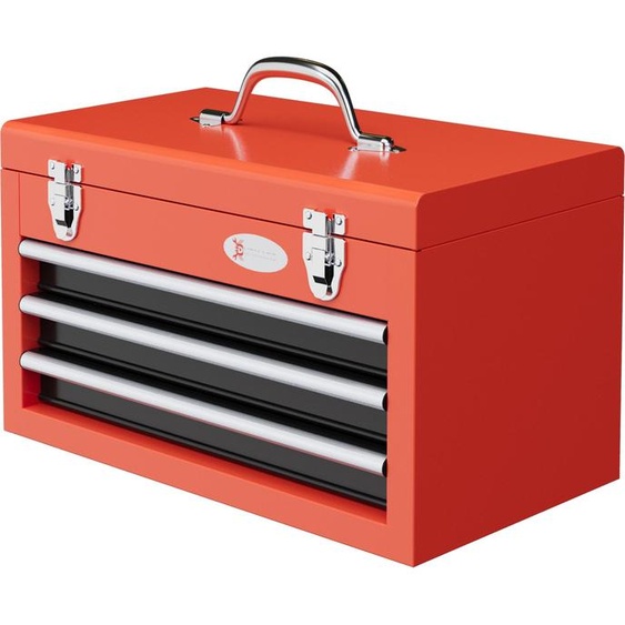 DURHAND Caisse boite à outils en acier avec 3 tiroirs coulissants et 1 plateaux, Poignée de transport, verrouillable, Tapis antidérapants, dim. 45L x 24l x 27H cm, rouge