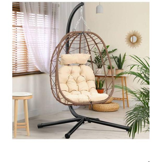 DWVO Fauteuil œuf suspendu Balancelle avec Coussin Beige 150kg max. pour Jardin Patio extérieur intérieur