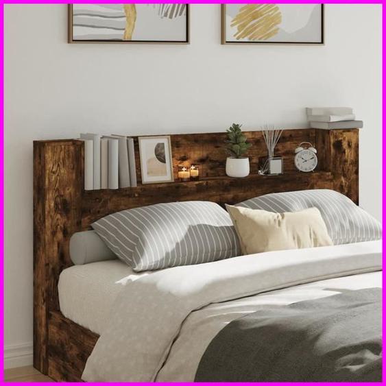 DXBK Armoire tête de lit avec LED chêne fumé 180x16,5x103,5 cm 839263