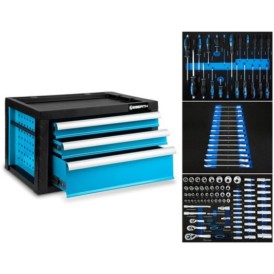 EBERTH Caisse à outils Remplie doutils, 114 pièces, armoire à outils en métal avec 3 tiroirs, glissières télescopiques, ouverture totale