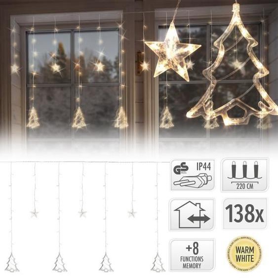 Guirlande Lumineuse - ECD Germany - Rideau LED 138 LEDs - Blanc Chaud - 220 cm - 8 Fonctions