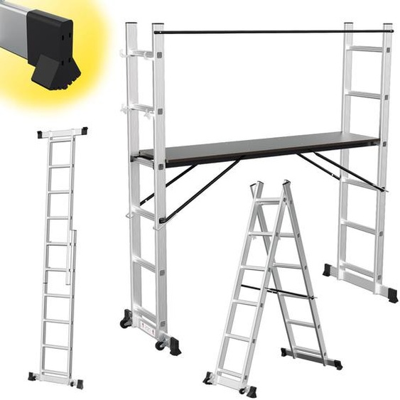 Échafaudage multifonction 4-en-1, échelle en aluminium, 2 x 6 marches avec plateforme, capacité jusquà 150 kg, couleur argent, hauteur totale 276 cm