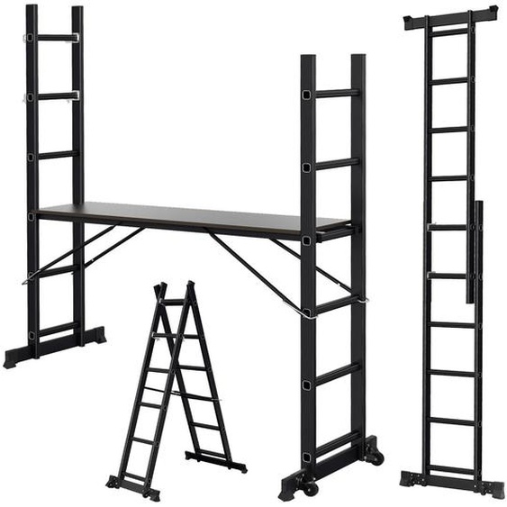 Échafaudage multifonction 4-en-1, échelle en aluminium, 2 x 6 marches avec plateforme, capacité jusquà 150 kg, hauteur 276 cm, couleur noire