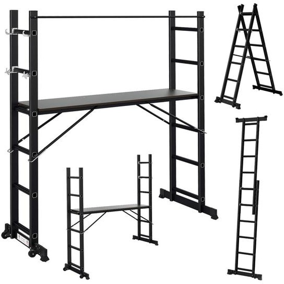 Échafaudage multifonction Peviasot 4-en-1, échelle en aluminium, 2 x 6 marches avec plateforme, capacité jusquà 150 kg, 276 cm, couleur noire