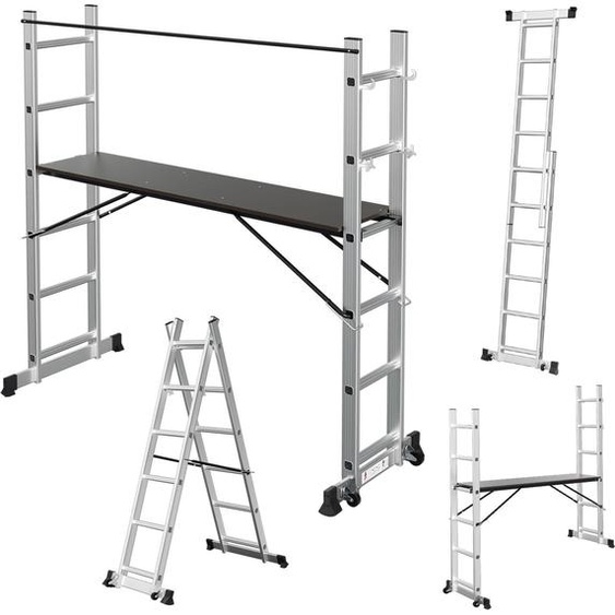 Échafaudage multifonction Peviasot 4-en-1, échelle en aluminium 2x6 marches avec plateforme, capacité jusquà 150 kg, couleur argent, hauteur 276 cm