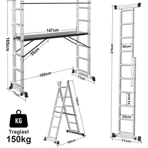 Échafaudage multifonctionnel 6 niveaux, couleur argent, 4-en-1, avec plateforme et roulettes, échelle daccès en aluminium, pliable, capacité de 150 kg