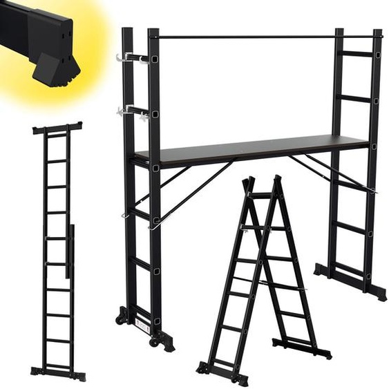 Échafaudage pliable en aluminium Peviasot, noir, 6 marches. Escalier multifonction 4-en-1 avec plateforme de travail et roulettes. Escalier multifonctionnel supportant jusquà 150 kg