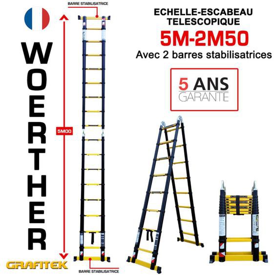 Echelle-escbeau télescopique 5m/2m50 Woerther avec barre stabilisatrice - Charge maximal 150Kg - Garantie 5 ans