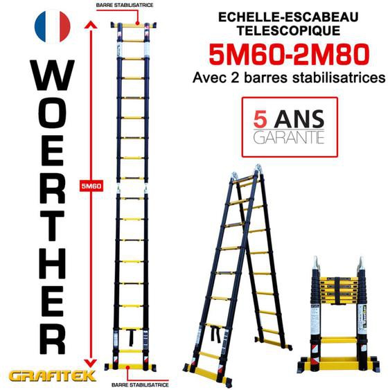 Echelle-escbeau télescopique 5m60/2m80 Woerther avec barre stabilisatrice - Charge maximal 150Kg - Garantie 5 ans