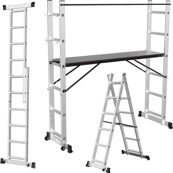Échelle pliante en aluminium ISOISL, argentée, 6 échelons. Échelle multifonction 4-en-1 avec plateforme de travail et roulettes, capable de supporter jusquà 150 kg