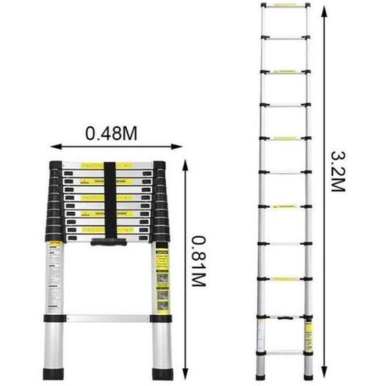 Echelle Telescopique 3,2M Portable Aluminium 11 Echelons Capacite de 150 Kg Multifonction Echelle