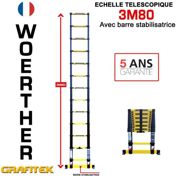 Echelle télescopique 3m80 Woerther avec barre stabilisatrice - Charge maximal 150Kg - Garantie 5 ans