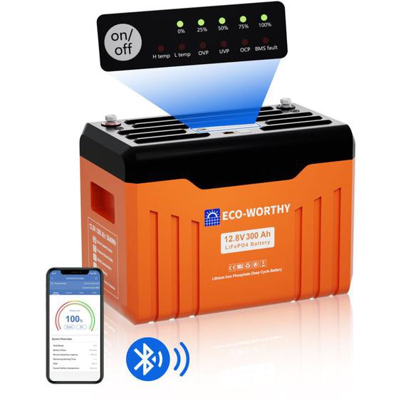 Eco-worthy - Batterie Lithium 12V 300Ah LiFePO4 Bluetooth avec écran, batterie lifepo4 avec 200A bms protection basse température et max. 15000