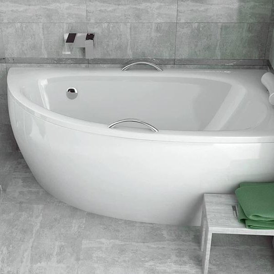 ECOLAM Baignoire dangle Milena PREMIUM 150x70 cm droite + tablier |  2x poignées + Appui-tête blanc | pieds siphon + silicone | Set complet