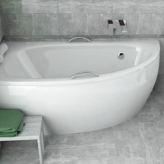 ECOLAM Baignoire dangle Milena PREMIUM 150x70 cm gauche + tablier | 2x poignées + Appui-tête blanc | pieds siphon + silicone | Set complet