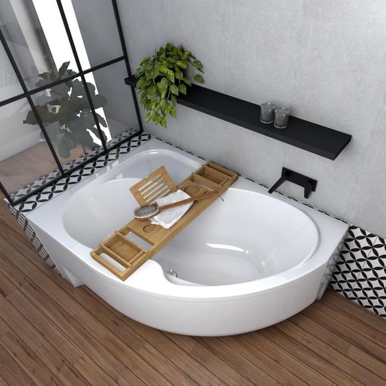 ECOLAM Baignoire dangle Wela 170x100 cm version gauche + tablier en acrylique | Planche en bambou | Pieds siphon silicone | Set complet