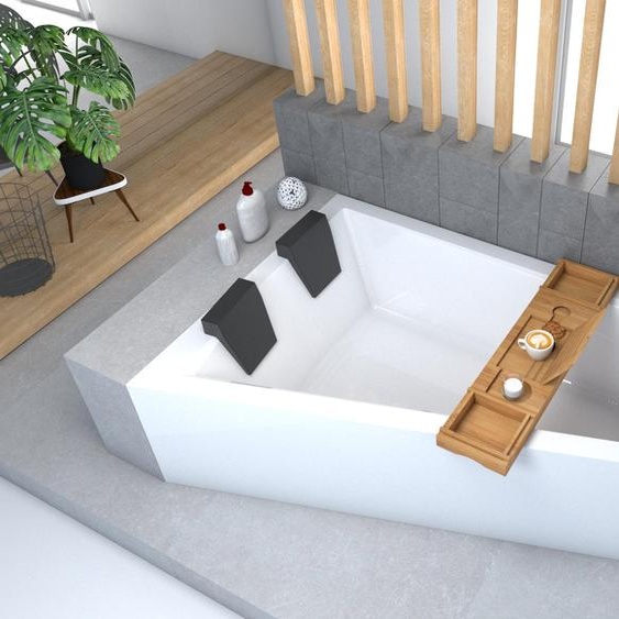 ECOLAM Baignoire trapézoïdale Intima Duo 170x125 cm gauche + tablier | 2x appuie-tête noir | Planche en Bambou | pieds siphon + silicone | complet