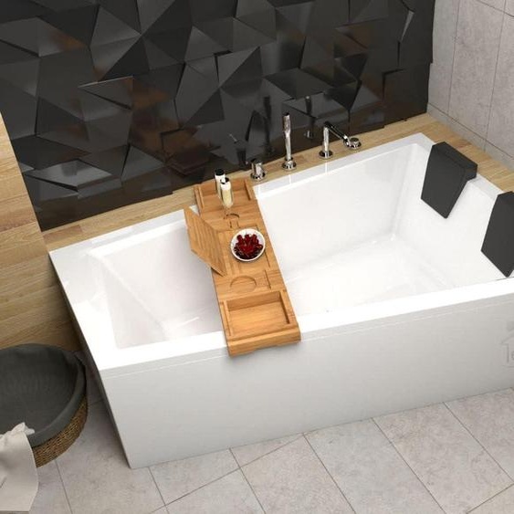 ECOLAM Baignoire trapézoïdale Intima Duo 180x125 cm droite + tablier | 2x appuie-tête noir | Planche en Bambou | siphon silicone + pieds | Complet