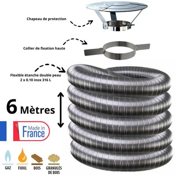 Edilinox - Kit tubage flexible double peau inox diamètre 150 + collier + chapeau Longueur du conduit 6 mètres