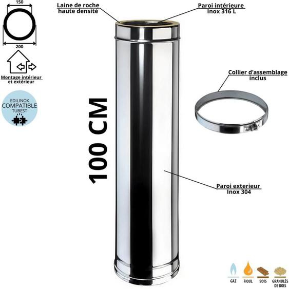 Edilinox - lément droit 100 cm conduit double paroi isolé Ediliso25 Diamètre 150