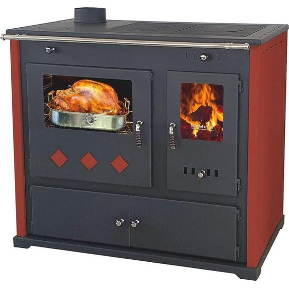 EEK A+ Four de cuisine à bois Practik LUX bordeaux, version gauche - 9,5 kW, arrivée dair externe - feu continu