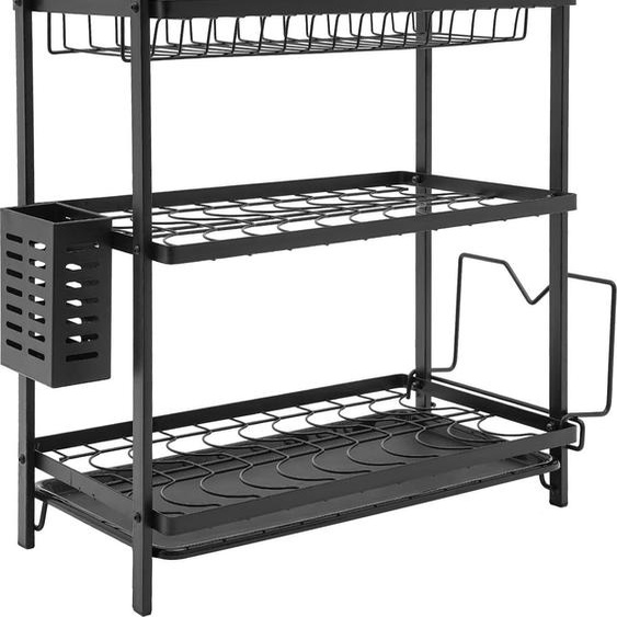 Égouttoir à vaisselle - À installer au-dessus de lévier - 3 niveaux - 43,5 × 24,5 × 50 cm - En fer - Crochets pour ustensiles - Support pour planche à découper - Peu encombrant - Montage facile - Noir