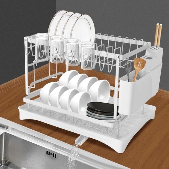 Égouttoir - Au-dessus de lévier, 2 niveaux - Acier au carbone et plastique - Dimensions 42×30×29 cm - Distance entre les niveaux 19,5 cm - Charge maximale 20 kg - Blanc