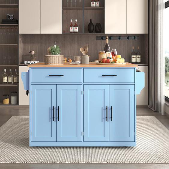 EIFSON Desserte de Cuisine à Roulettes, Multi rangements 2 tiroirs 4 Portes, avec Plans de Travail Rabattable, Chariot, bleu
