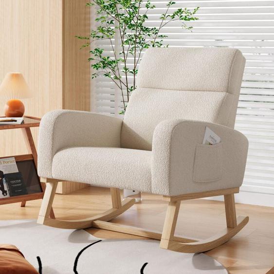 Eifson - Fauteuil à bascule, avec accoudoirs, deux poches de chaque côté des accoudoirs, dossier incliné, pieds en bois massif, tissu sherpa, style