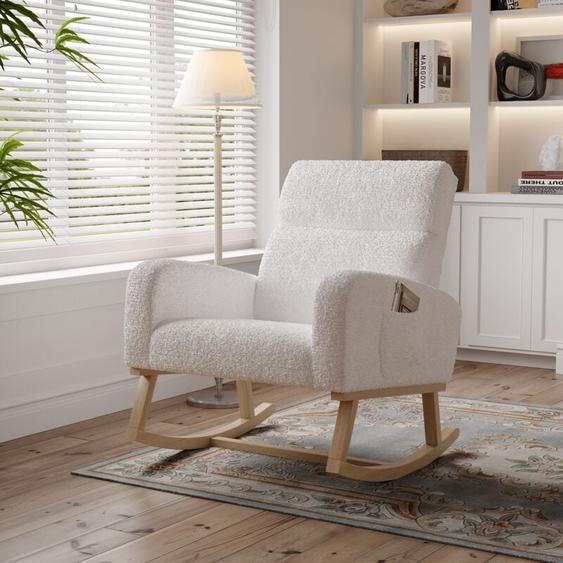 Eifson - Fauteuil à bascule, avec accoudoirs, deux poches de chaque côté des accoudoirs, dossier incliné, pieds en bois massif, tissu sherpa, style