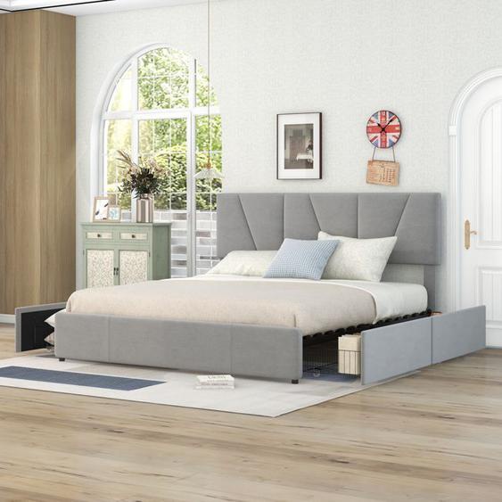 EIFSON Lit Rembourré en Velours - Lit double avec 4 tiroirs- Lit adulte avec tête de lit - 160 x 200 cm - Gris