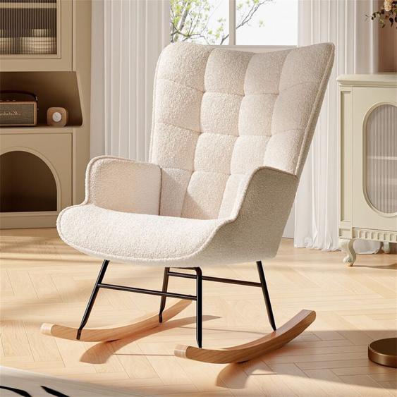 Eifson - Rocking chair,Fauteuil à bascule en peluche confortable,dossier haut, accoudoirs rembourrés, mousse haute densité, pieds en hêtre naturel