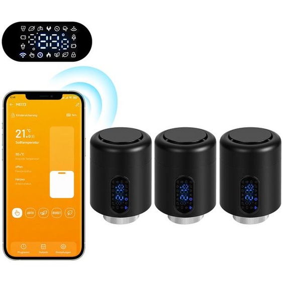 Eikuavons : Ensemble de 3 thermostats pour radiateurs, thermostats intelligents connectés en Wi-Fi, couleur noire, contrôle via application sans passerelle, 7 adaptateurs par thermostat