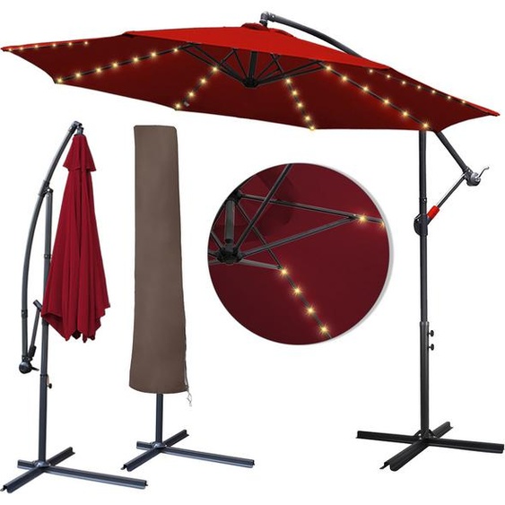EINFEBEN Parasol 3.5m Parasol de jardin avec LED solaire & housse de protection Parapluie Pavillon Parasol courbe Alu,Rouge,3.5m