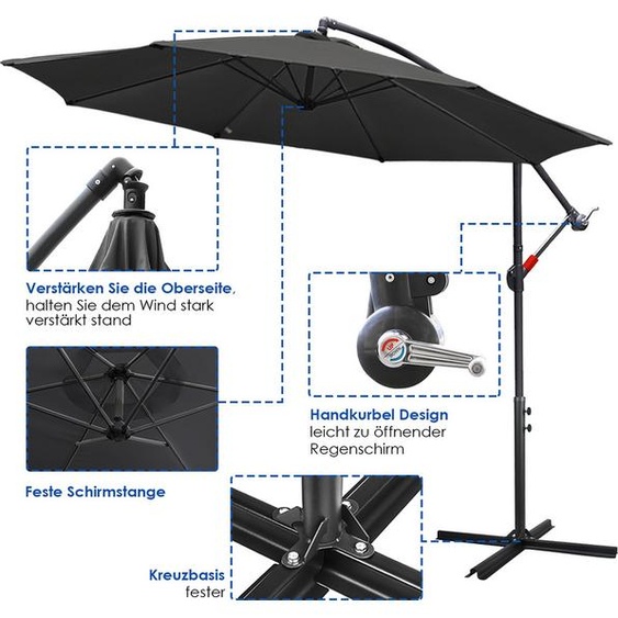 EINFEBEN Parasol 3.5m Parasol de jardin Parasol ampli avec support UV40+ LED solaire,Gris,3.5m