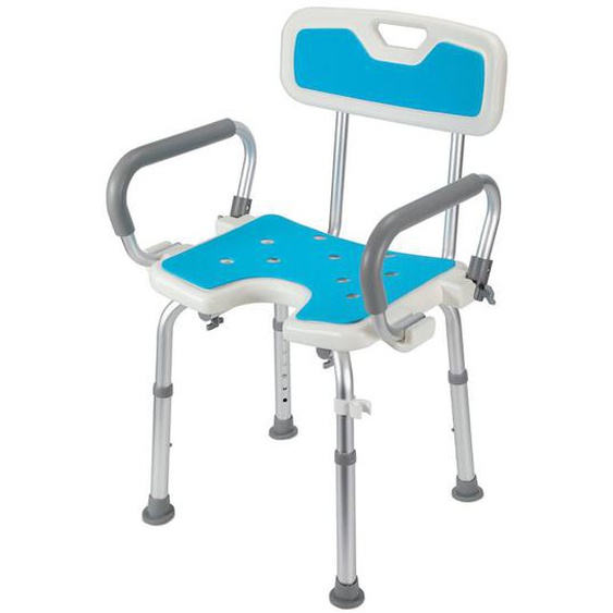 Einfeben Siège de douche réglable en hauteur tabouret de douche antidérapants charge max.136 Kg alu hdpe blanc Bleu Accoudoir réversible Avec dossier