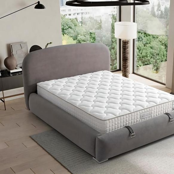 Elégant lit gris avec matelas en textile et bois