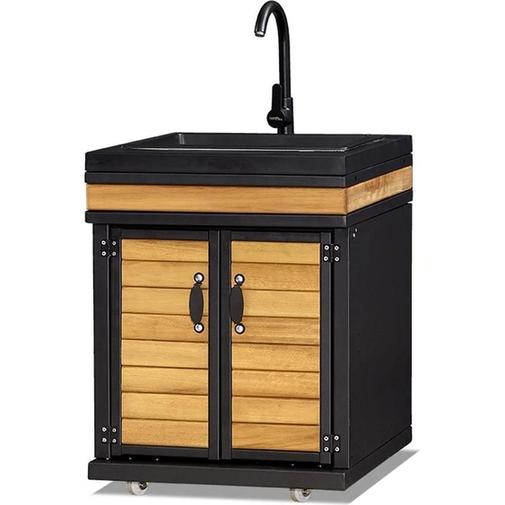 Elégant module de cuisine extérieur noir en acier inoxydable et bois