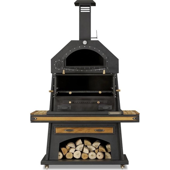 Elégante cheminée-barbecue noire en bois et acier inoxydable