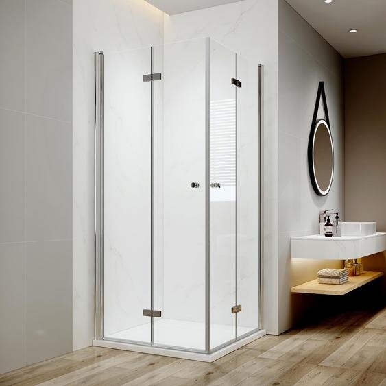 EMKE Cabine de douche 90x90x185cm accès dangle porte pliante Porte battante Paroi de douche verre clair 6mm ESG verre de sécurité avec nano-revêtement des deux côtés