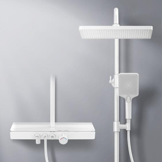 EMKE Colonne de douche Thermostat, 45 cm étagères en verre, douchette, 3 types de jets, douche à effet pluie, bec verseur, montage mural,