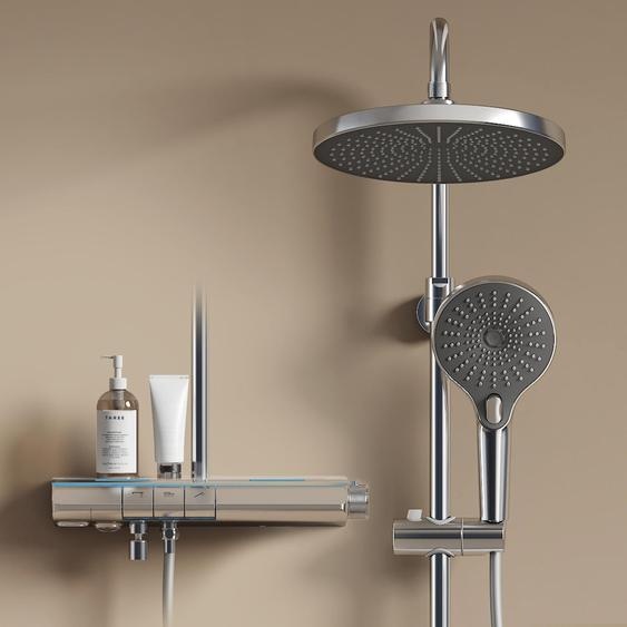 EMKE® Système de douche avec thermostat chrome avec éclairage dambiance LED bleu, affichage digital, douche à effet pluie 250mm, bec de baignoire & tablette en verre F25