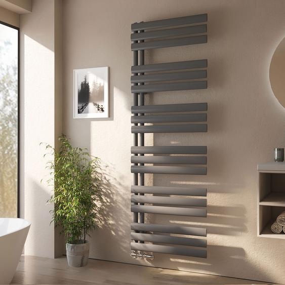 EMKE Radiateur de salle de bain tubulaire ovale Radiateur sèche-serviettes Radiateur tubulaire vertical Raccord latéral pour eau Anthracite 174×60cm sans thermoplongeur