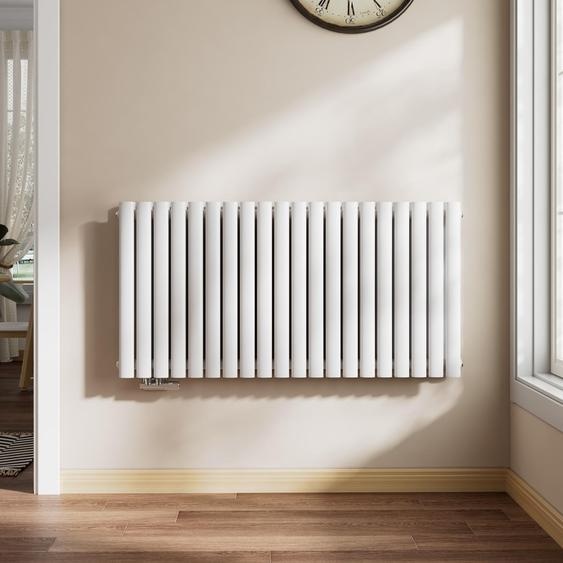 EMKE Radiateur design 600 x 1180 mm Radiateur horizontal blanc Radiateur ovale Raccord latéral Double couche Chauffage, 1828W sans thermoplongeur