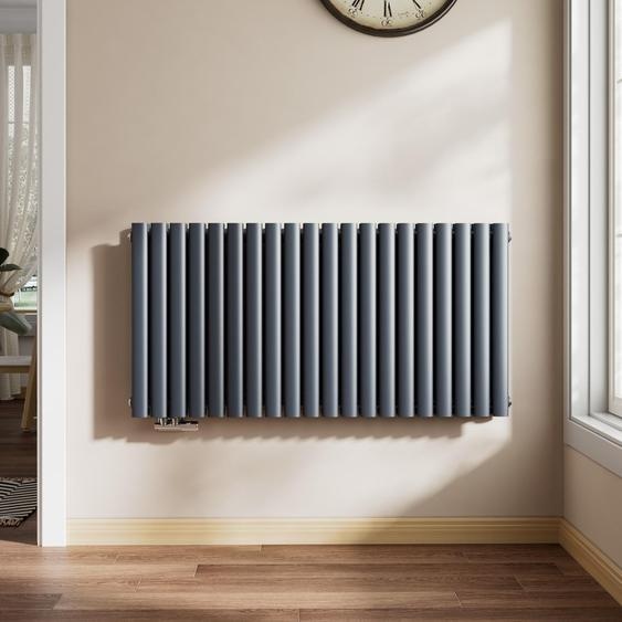 EMKE Radiateur design 600 x 1180 mm Radiateur horizontal ovale Raccord latéral Double couche Chauffage, 1828W, Anthracite sans thermoplongeur